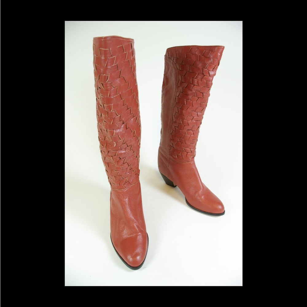 Vintage Soft Leather 80s High Heel Basketweave Leather Boots US size 7.5